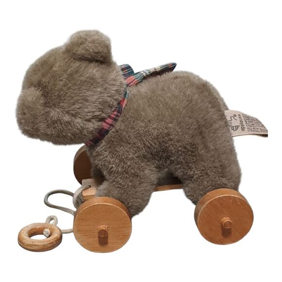 Applausse pull behind toy bear with tartan plaid scarf wheels faux fur - Picture 2 of 11